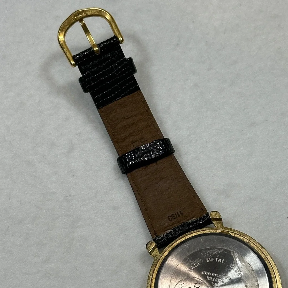 Vintage Milan Angel Watch Gold Tone Japan Black Lizard Leather needs battery